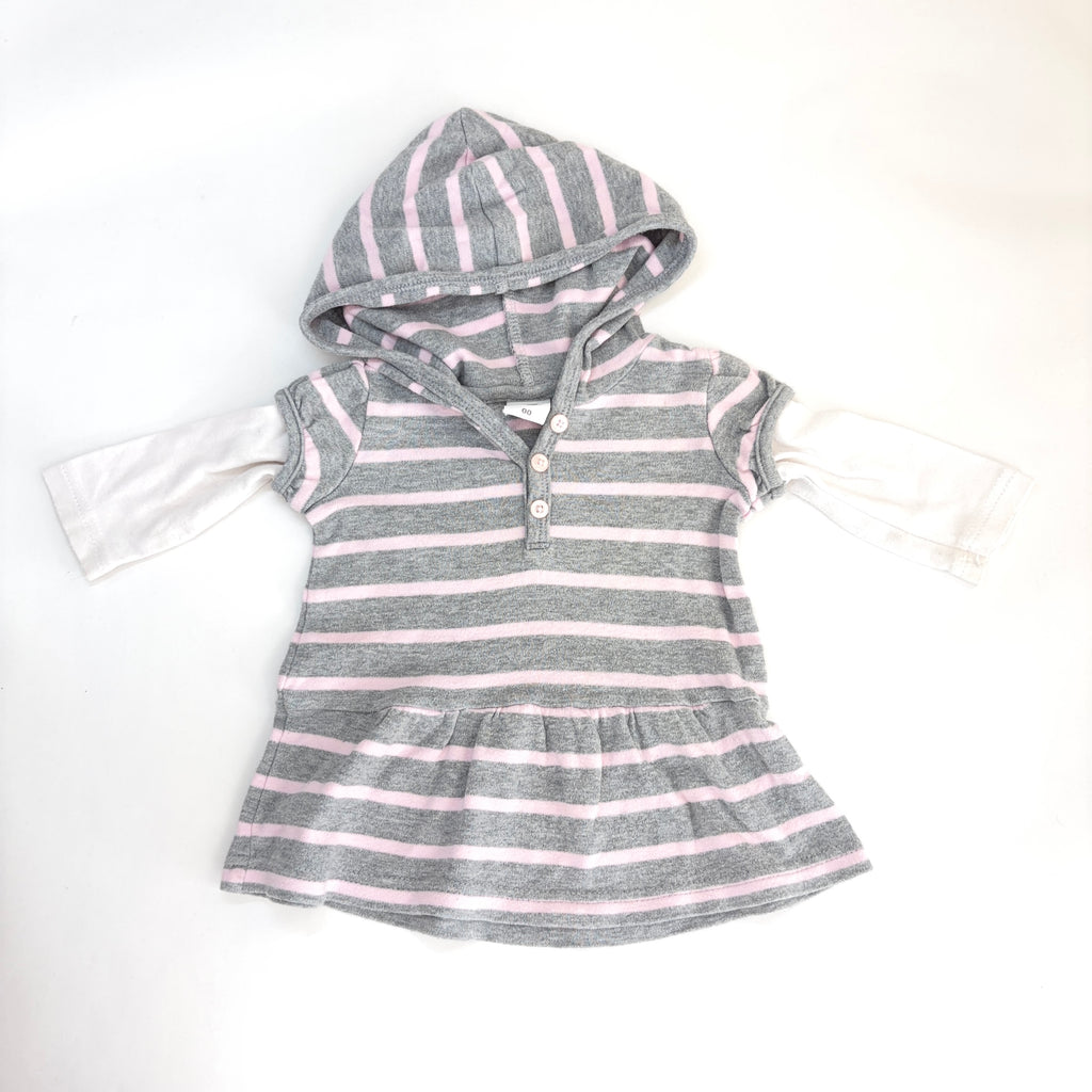 Tiny Little Wonders Grey & Pink Striped Hooded Dress - 3-6 Months | 00