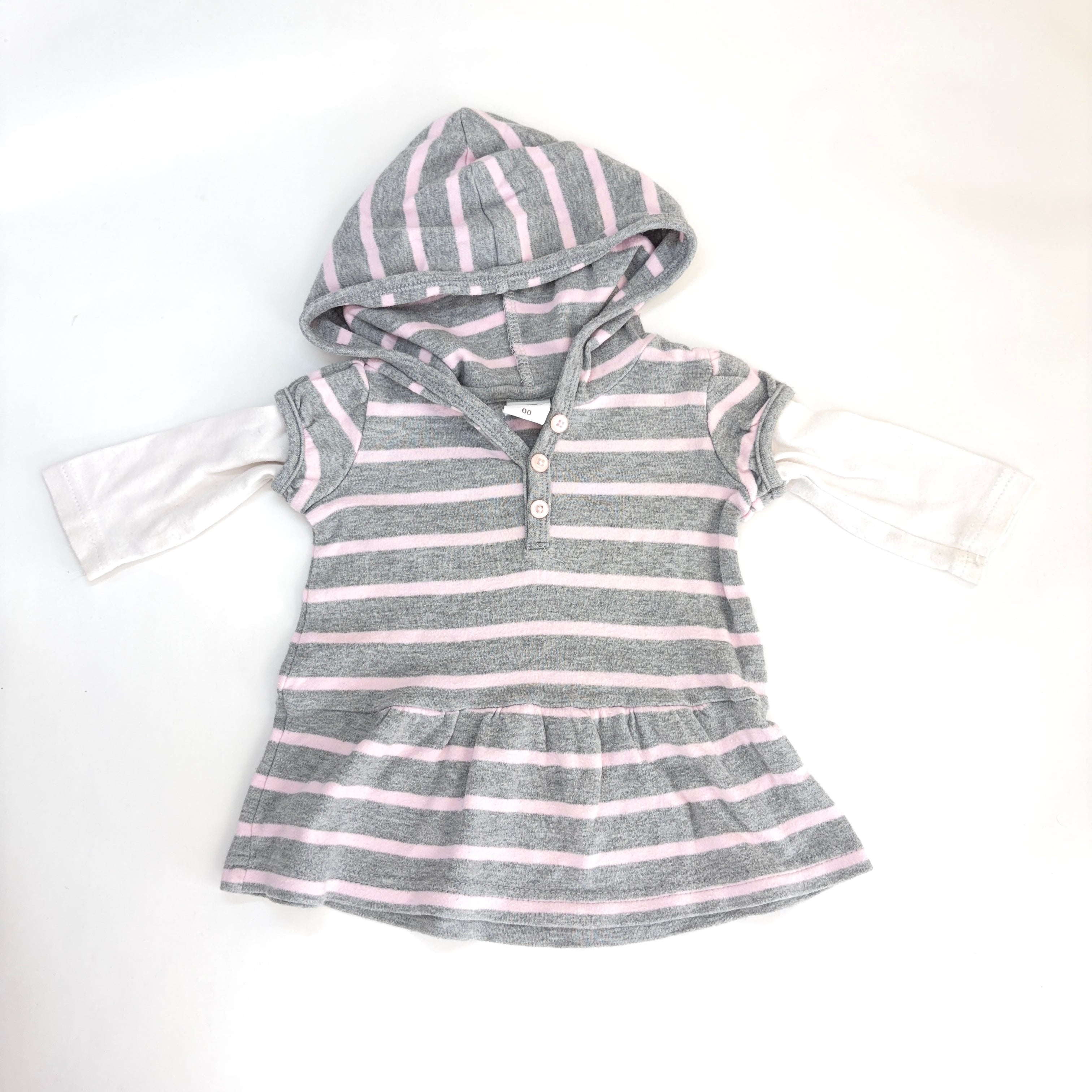 Tiny Little Wonders Grey & Pink Striped Hooded Dress - 3-6 Months | 00