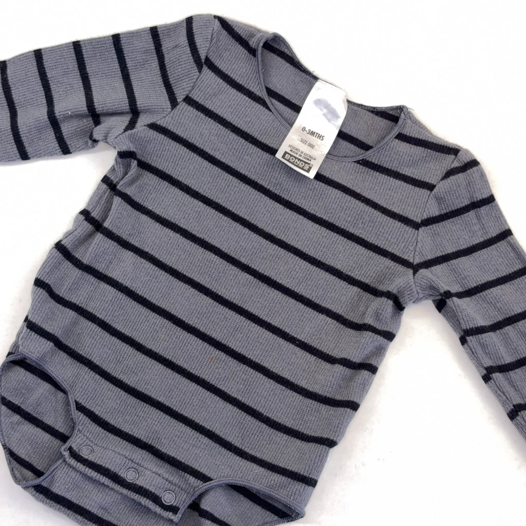 Bonds Grey Striped Rib Bodysuit - 0-3 Months | 000