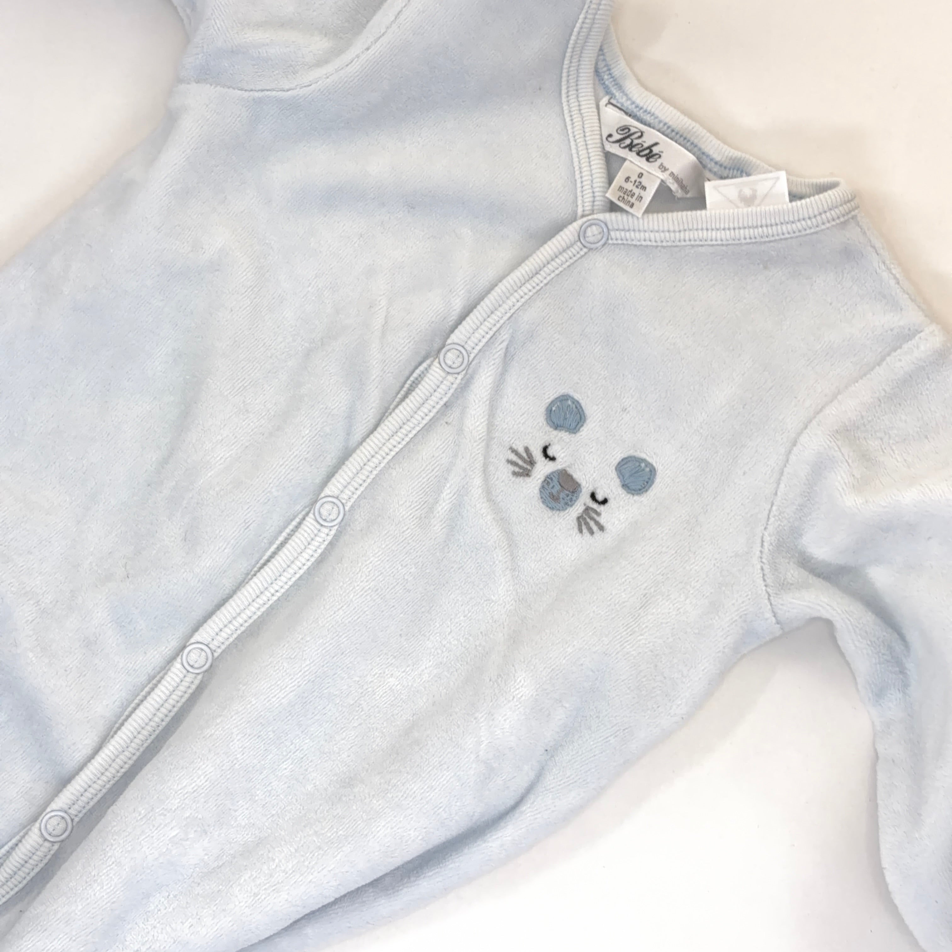 Bébé by Minihaha Blue Velour Mouse Footed Growsuit - 6-12 Months | 0