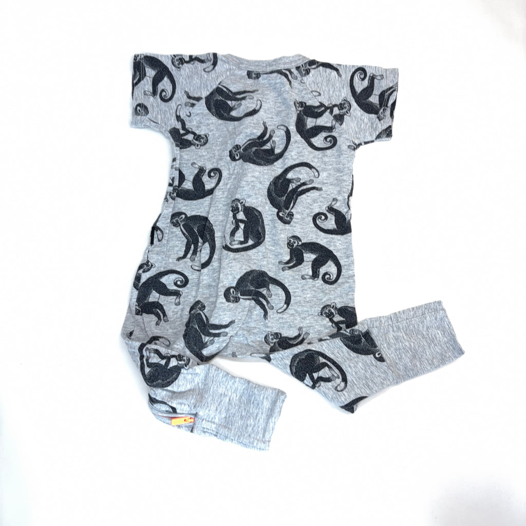 Bonds Grey Monkey Print Short Sleeve Wondersuit - 3-6 Months | 00