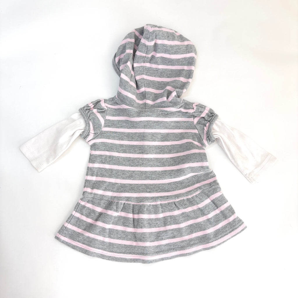 Tiny Little Wonders Grey & Pink Striped Hooded Dress - 3-6 Months | 00