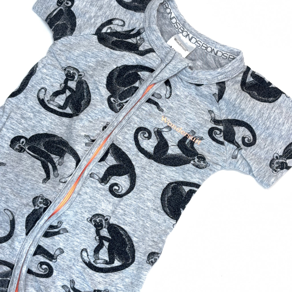 Bonds Grey Monkey Print Short Sleeve Wondersuit - 3-6 Months | 00