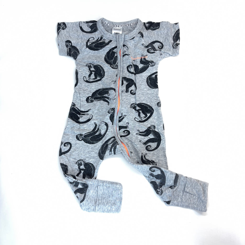 Bonds Grey Monkey Print Short Sleeve Wondersuit - 3-6 Months | 00