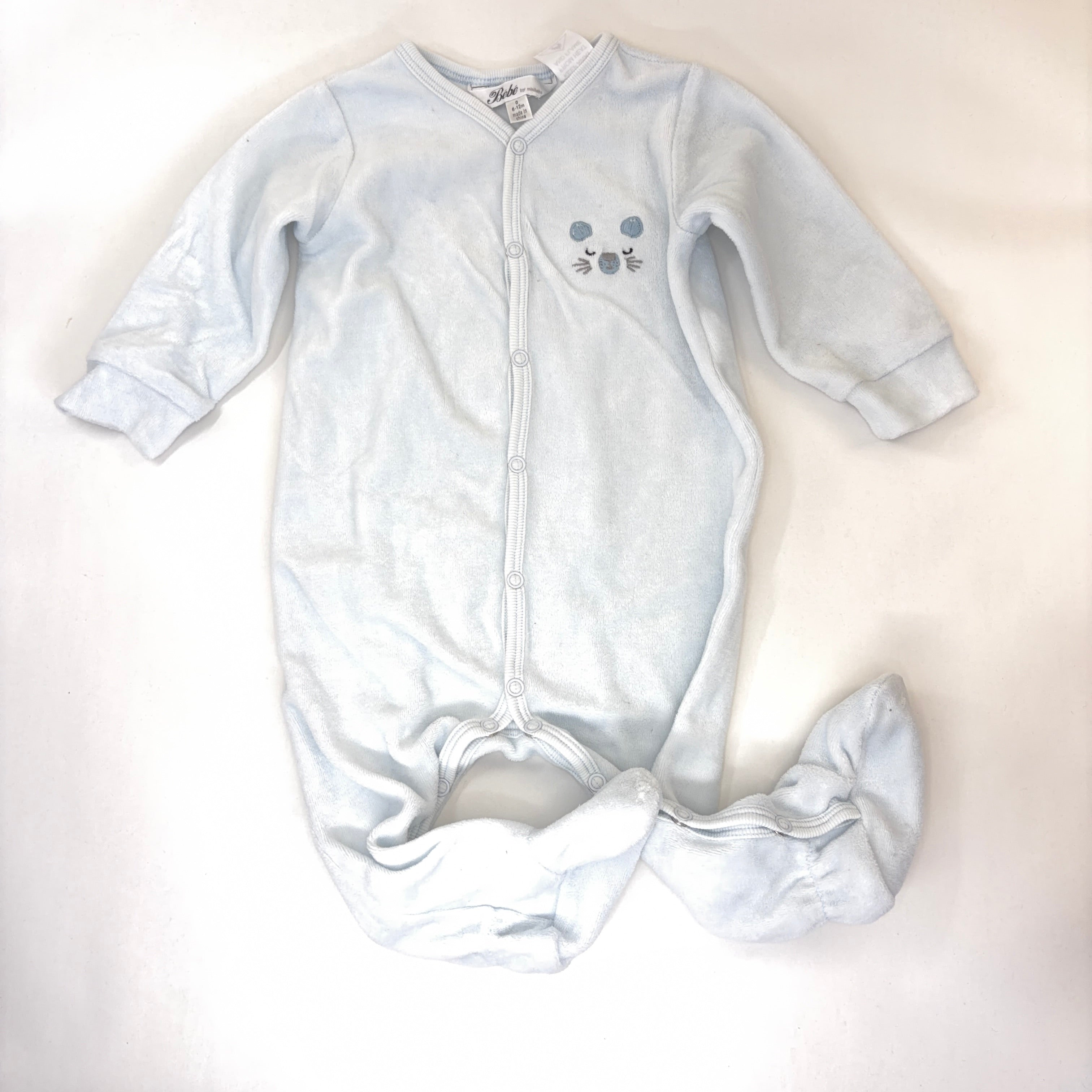 Bébé by Minihaha Blue Velour Mouse Footed Growsuit - 6-12 Months | 0