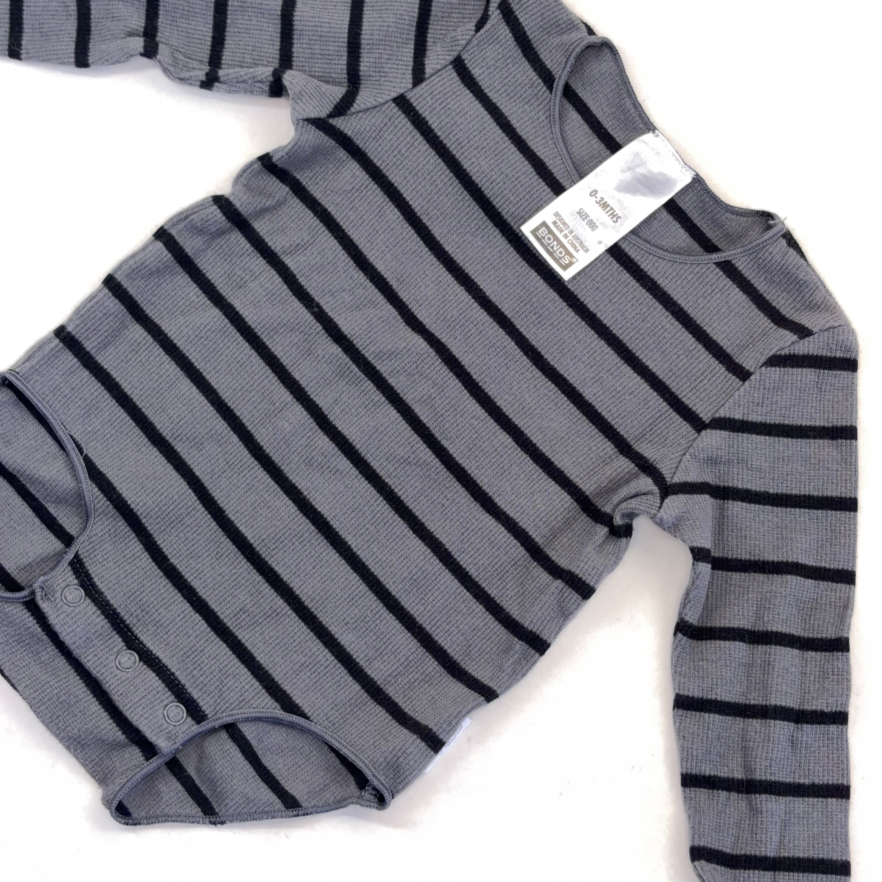 Bonds Grey Striped Rib Bodysuit - 0-3 Months | 000