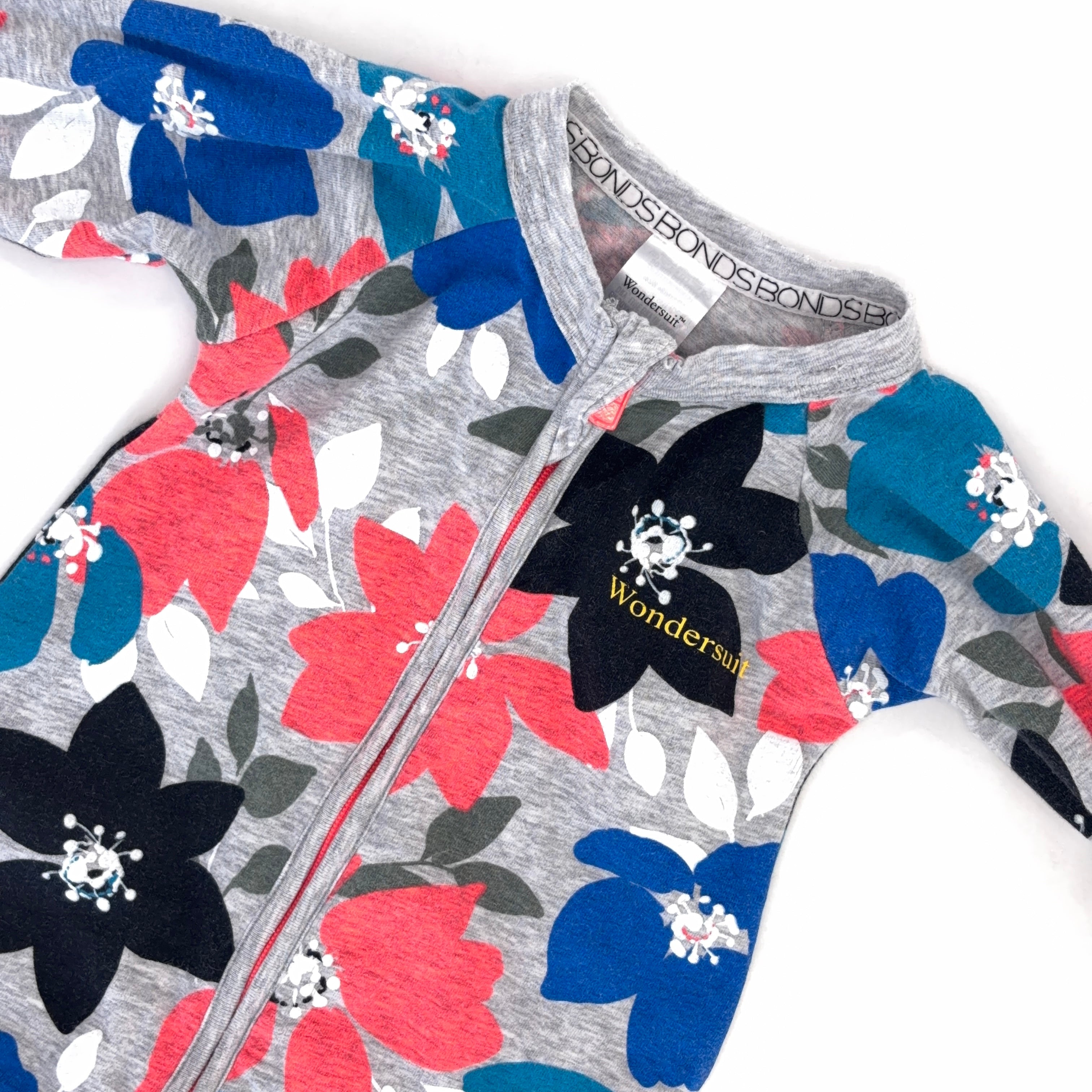 Bonds Wondersuit Long Sleeve Grey & Flowers - 0-3 Months | 000