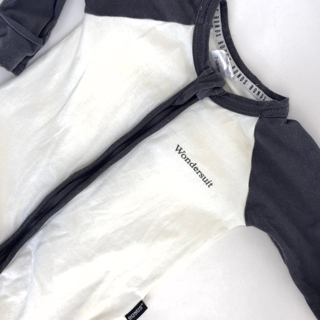 Bonds Wondersuit Long Sleeve White & Grey Block - 3-6 Months | 00