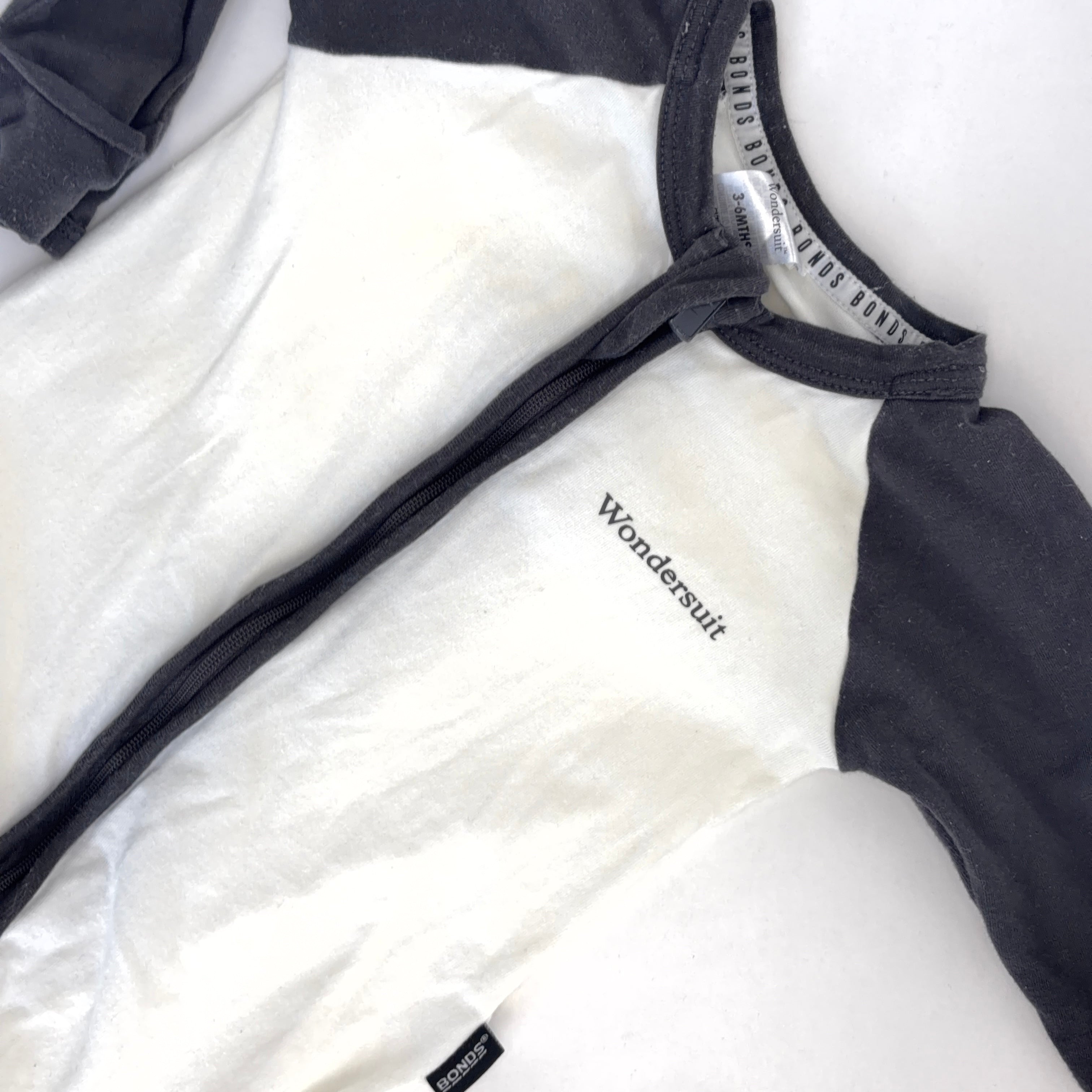 Bonds Wondersuit Long Sleeve White & Grey Block - 3-6 Months | 00
