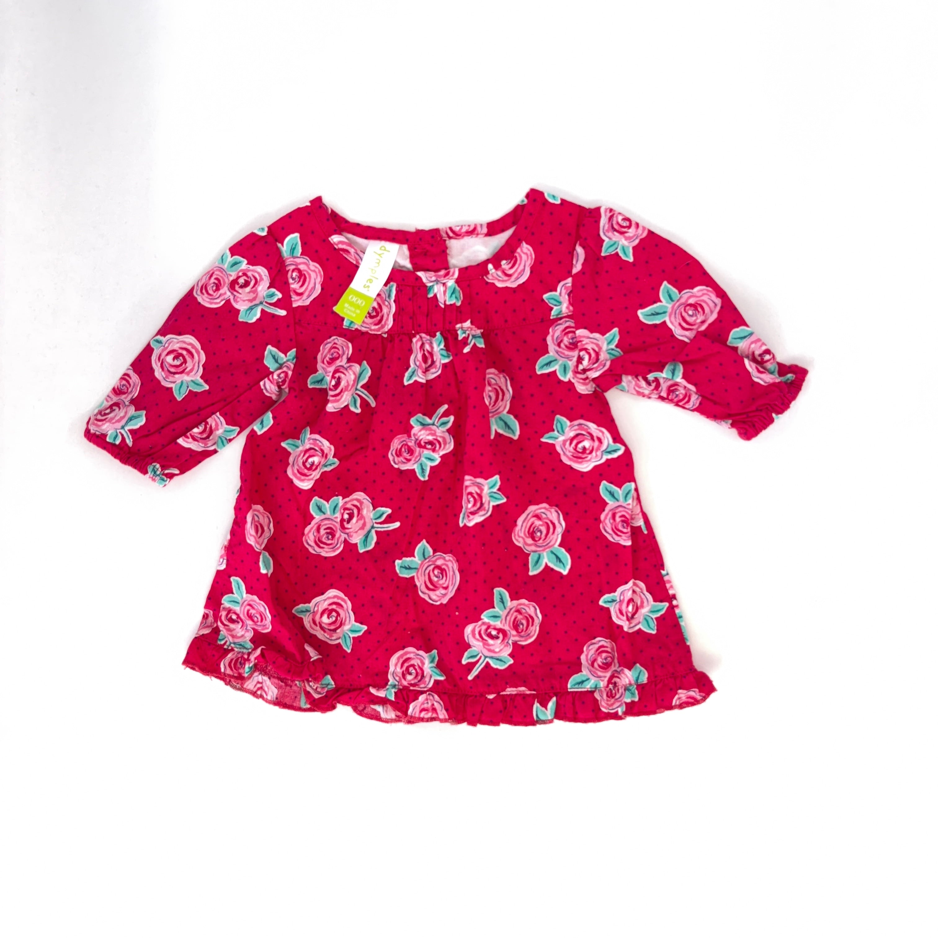 Dymples Rose Print Long Sleeve Dress - 0-3 Months | 000