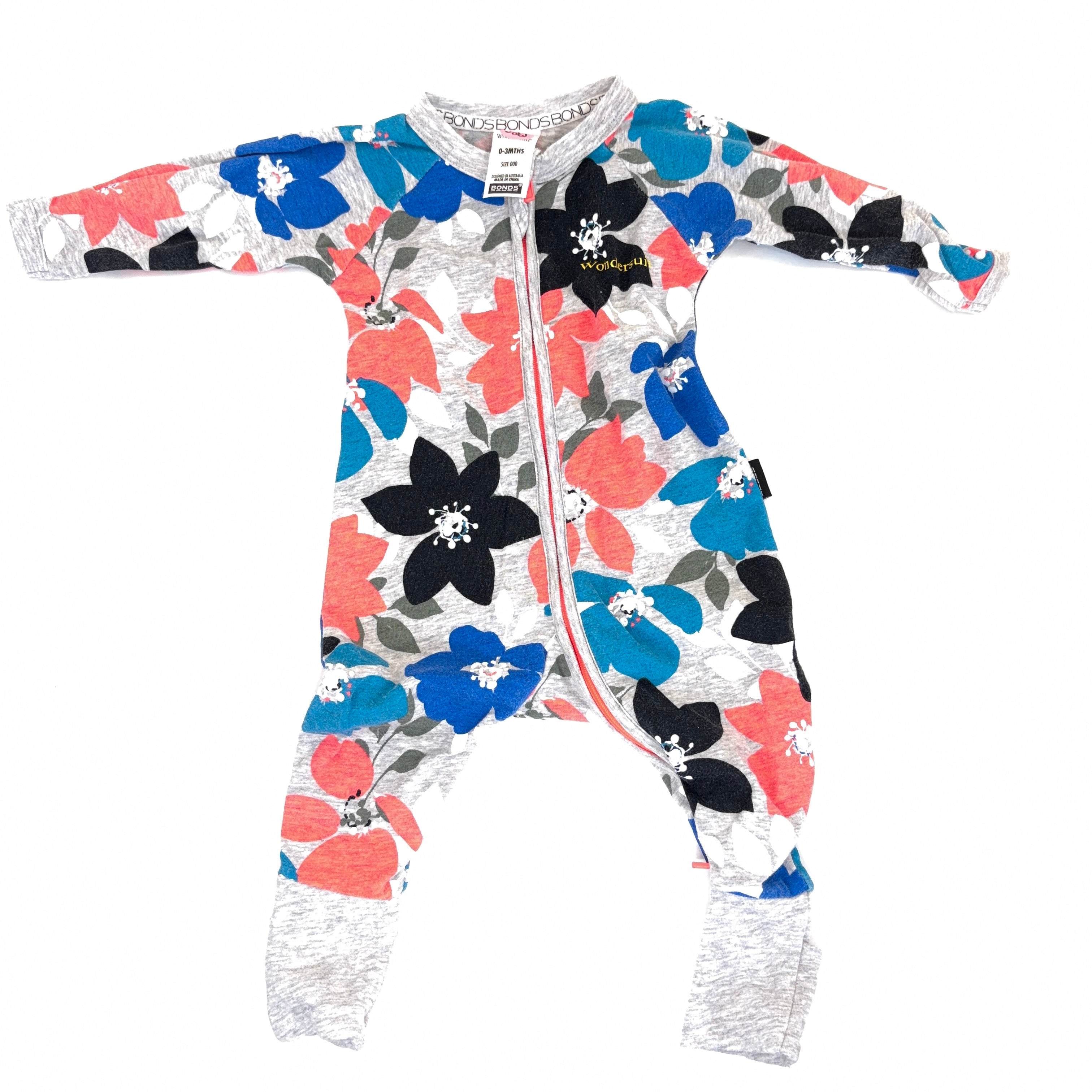 Bonds Wondersuit Long Sleeve Grey & Flowers - 0-3 Months | 000