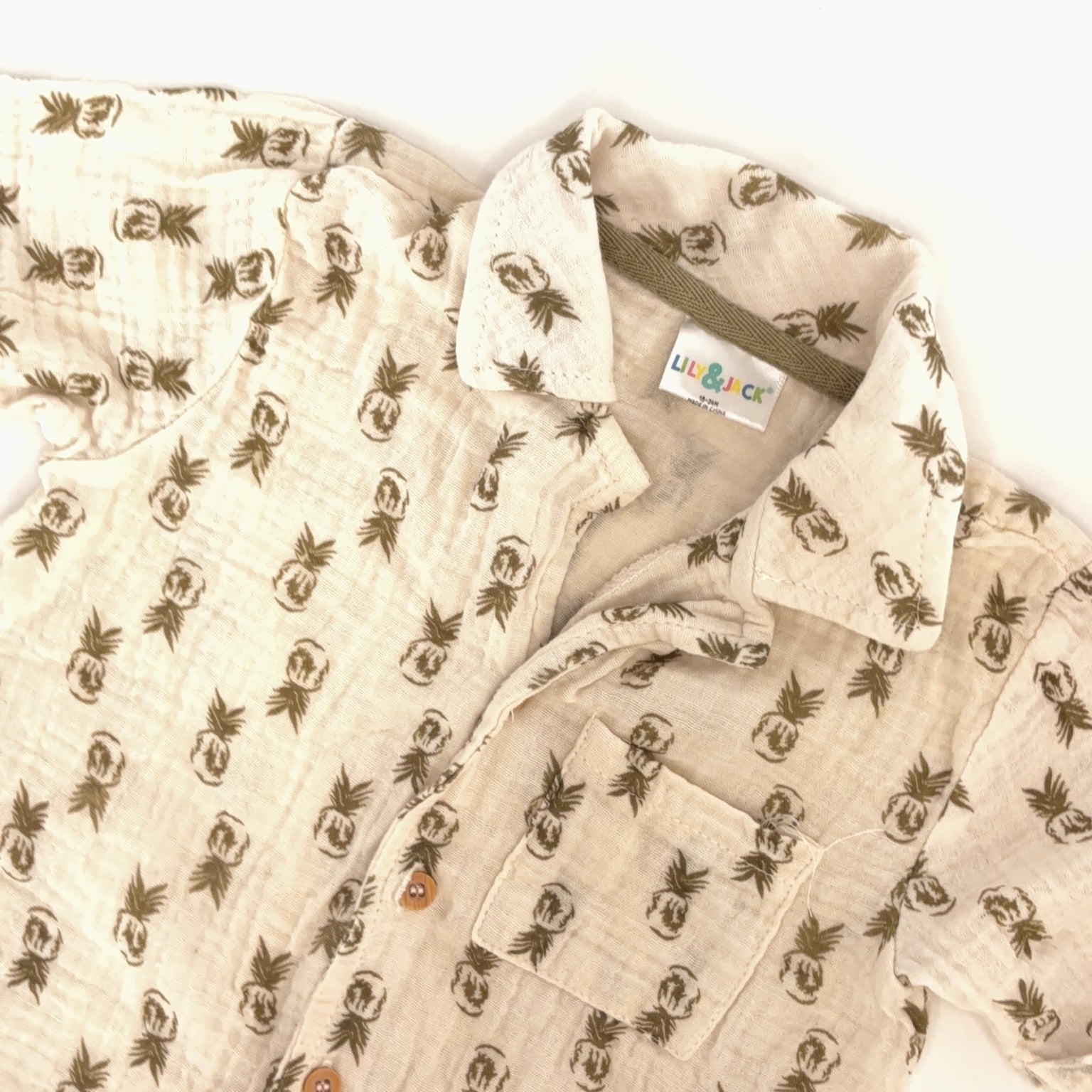 Lil Bear beige pineapple print muslin short sleeve shirt size 18 to 24 months detail